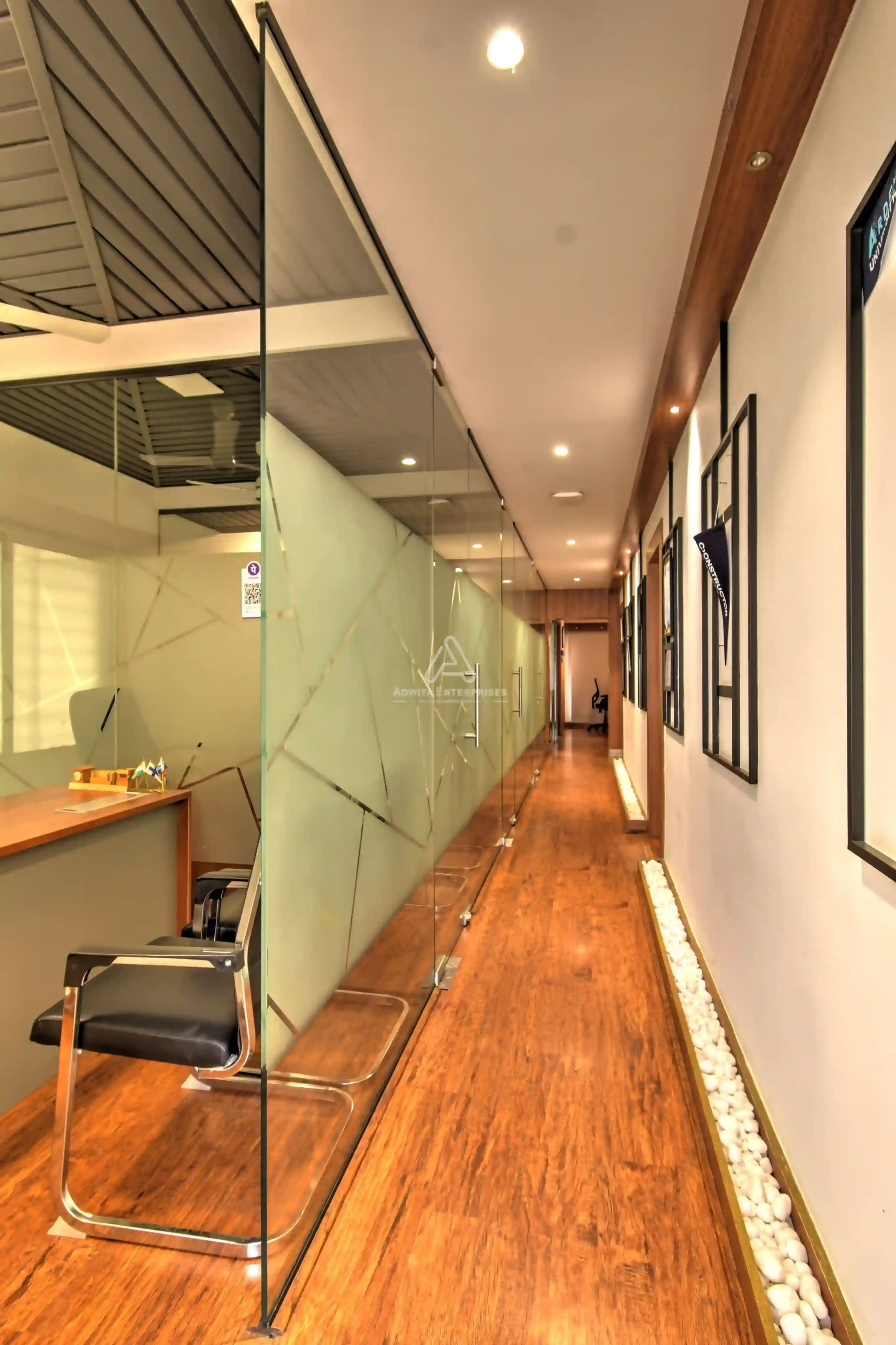 Pathway with elegant wall paneling, ambient lighting, and decorative elements