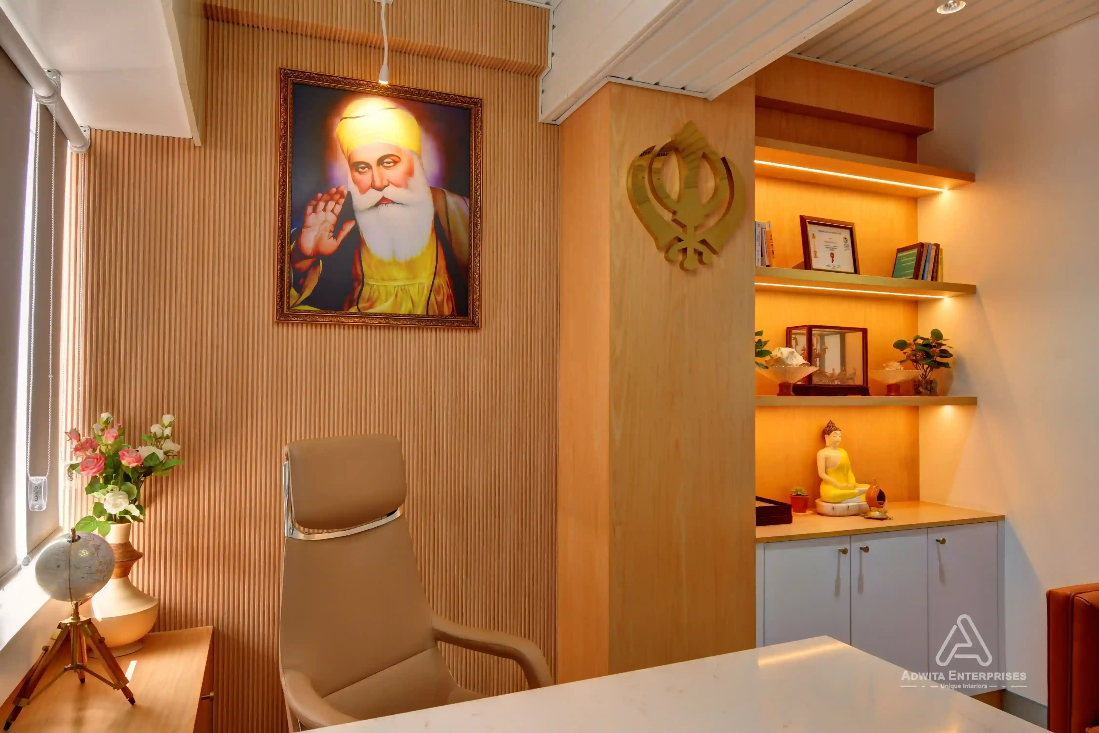 MD cabin with executive desk, chair, and seating area