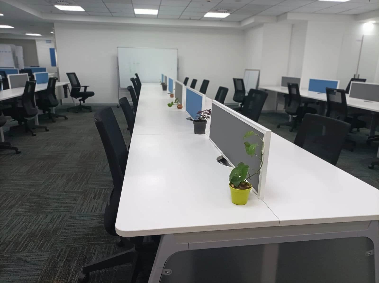 Discussion room with large conference table, ergonomic chairs, and modern lighting