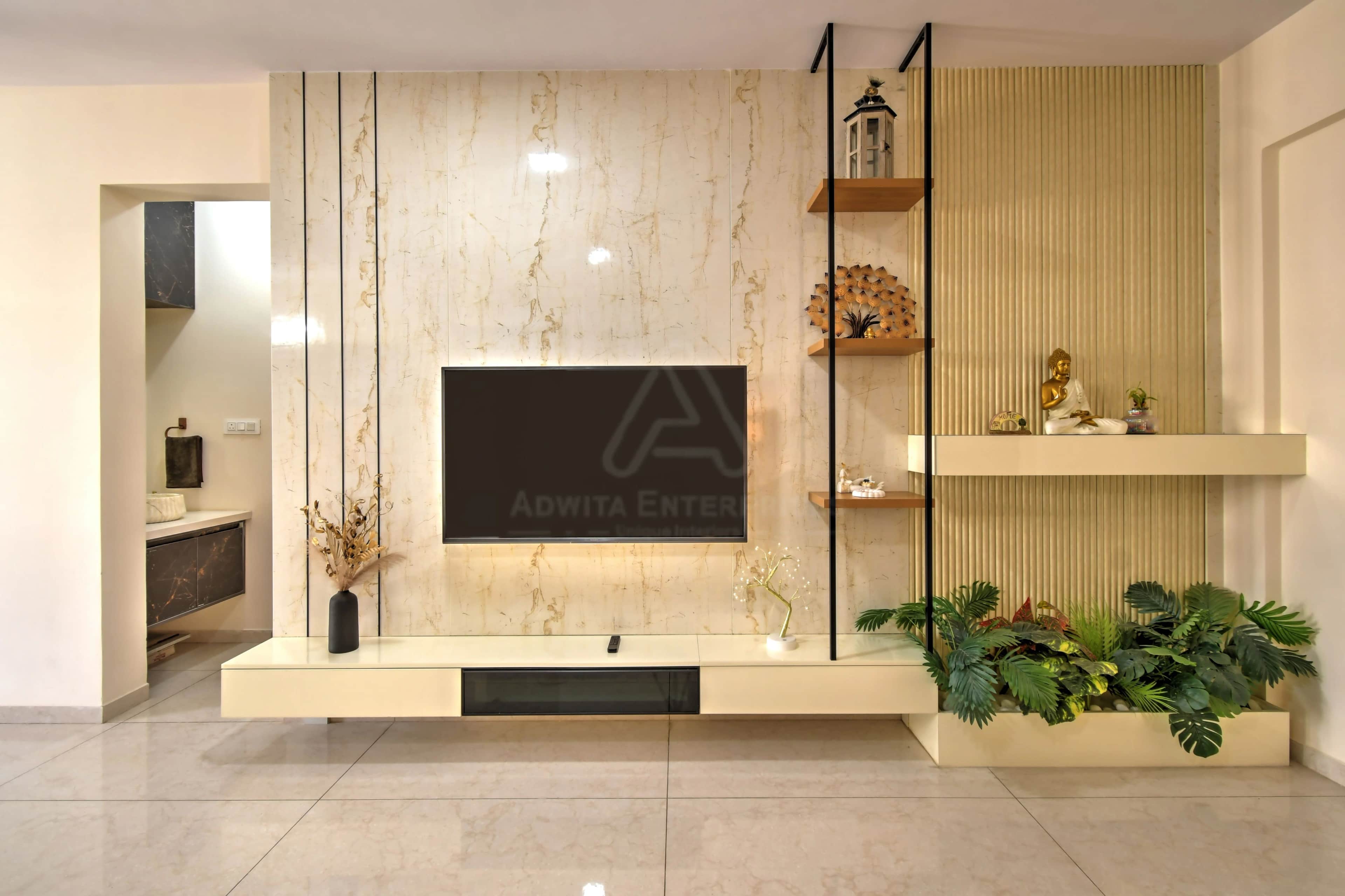 Custom-designed TV unit with seamless storage and modern aesthetics
